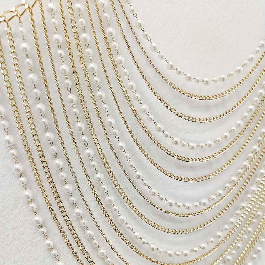 Y2K -Tone Fringe Chain Punk Body Chains for Women, Aluminum Alloy, Multi-Layer Pearl Detail, No Plating, Versatile for Parties & Music Festivals