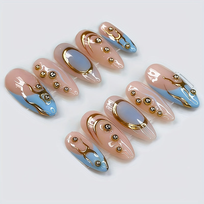 10pcs Handmade Y2K Elegant French Style Press-On Nails Set - Medium Almond Shape with 3D Gel Golden Inscriptions, Blue & Pink Gradient, Glossy Finish & Pearl Accents for a Chic Look
