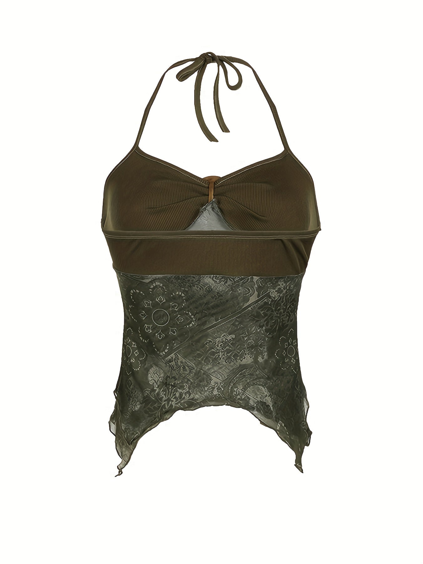 Y2K Tribal Print Green Cami Top with Metal Buckle and Ruched Halter Neck, Polyester Spandex Blend, High Stretch Knit Fabric, Pullover Slingback Style for Spring/Summer/Fall