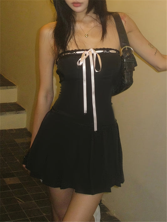 Chic Y2K Strapless Flare Tube Dress - Tied Neck, Pleated Bodice, Perfect for Spring & Summer - Womens Casual Fashion Staple