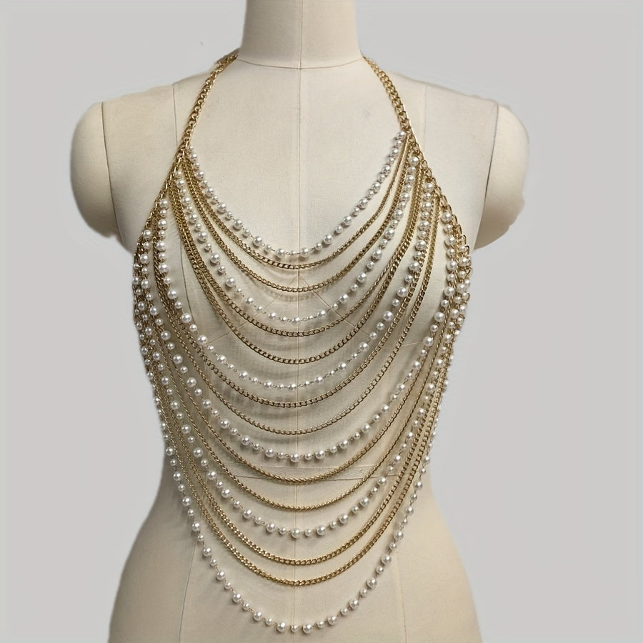 Y2K -Tone Fringe Chain Punk Body Chains for Women, Aluminum Alloy, Multi-Layer Pearl Detail, No Plating, Versatile for Parties & Music Festivals