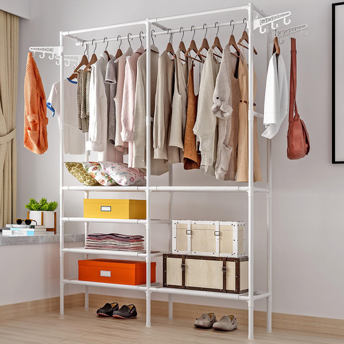 Heavy-Duty Double Rod Garment Rack with Shelves