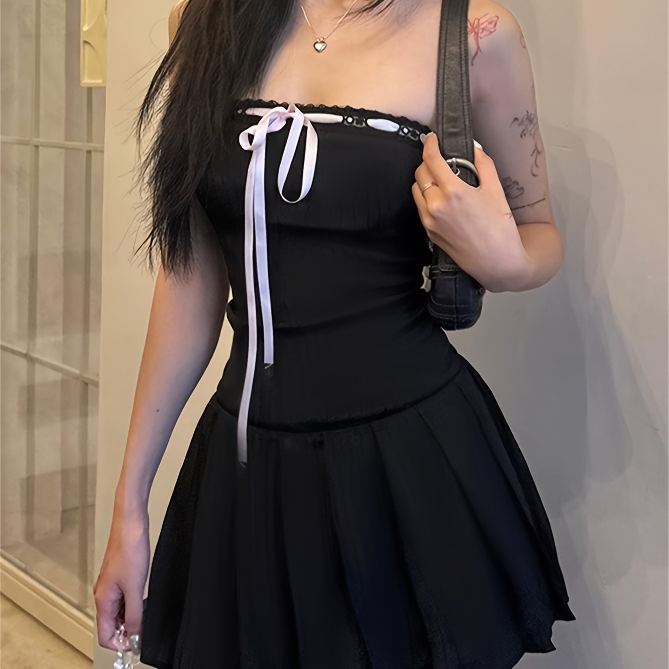 Chic Y2K Strapless Flare Tube Dress - Tied Neck, Pleated Bodice, Perfect for Spring & Summer - Womens Casual Fashion Staple