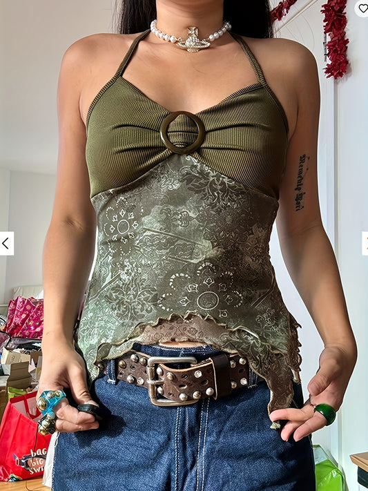 Y2K Tribal Print Green Cami Top with Metal Buckle and Ruched Halter Neck, Polyester Spandex Blend, High Stretch Knit Fabric, Pullover Slingback Style for Spring/Summer/Fall