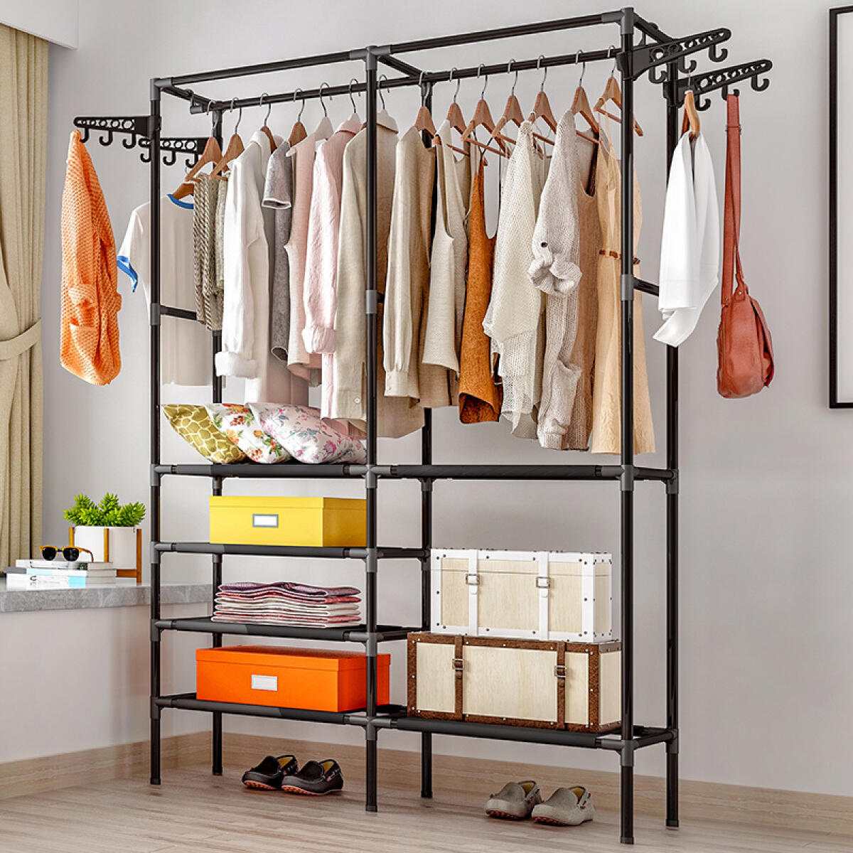 Heavy-Duty Double Rod Garment Rack with Shelves
