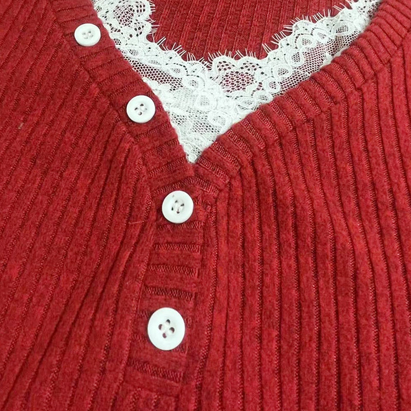 Long Sleeve Slim Fit Women's Lace V-Neck Top,