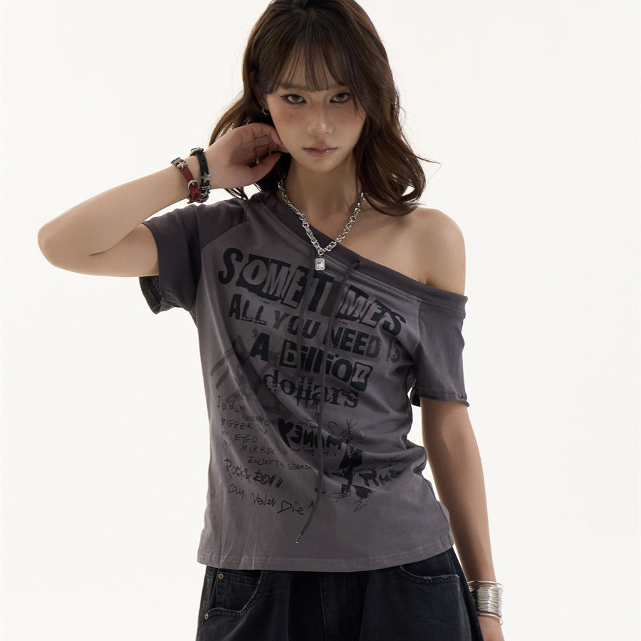 American Retro Slanted Letter Off the Shoulder Short Sleeved Shirt