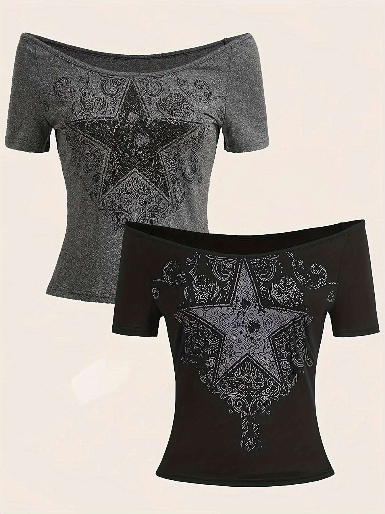 Star Print Off-shoulder Top 2 Packs, Y2K Short Sleeve Slim Top For Spring & Summer, Women's Clothing