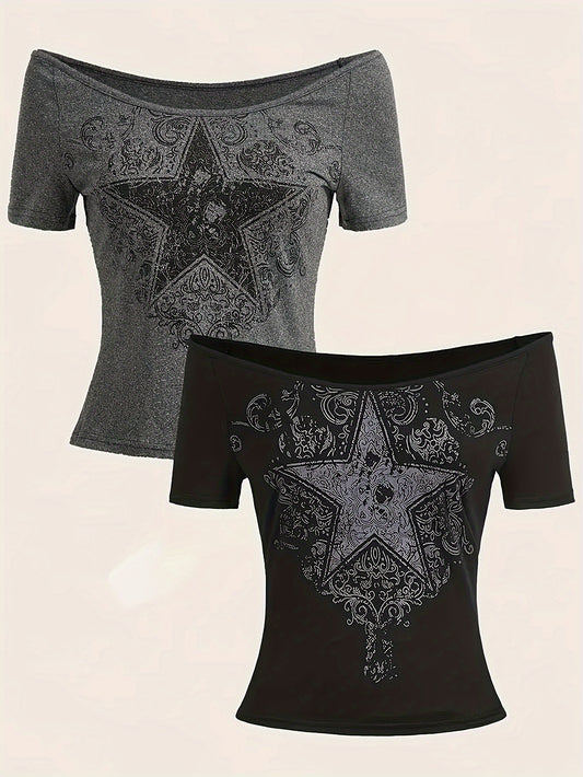 Star Print Off-shoulder Top 2 Packs, Y2K Short Sleeve Slim Top For Spring & Summer, Women's Clothing